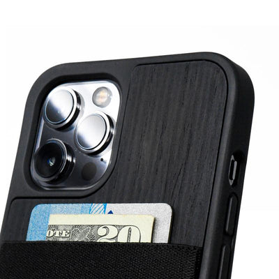 Close-up of a black wood iPhone case with a wallet on the back of it.