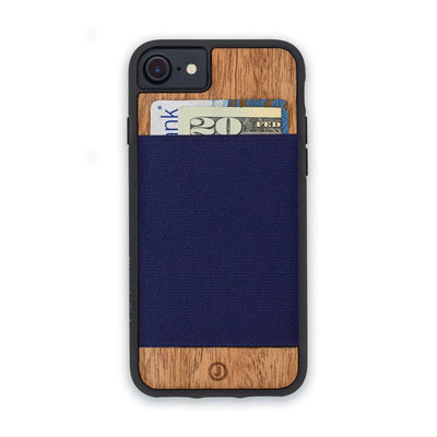 Wooden phone case with a steel blue wallet on the back.
